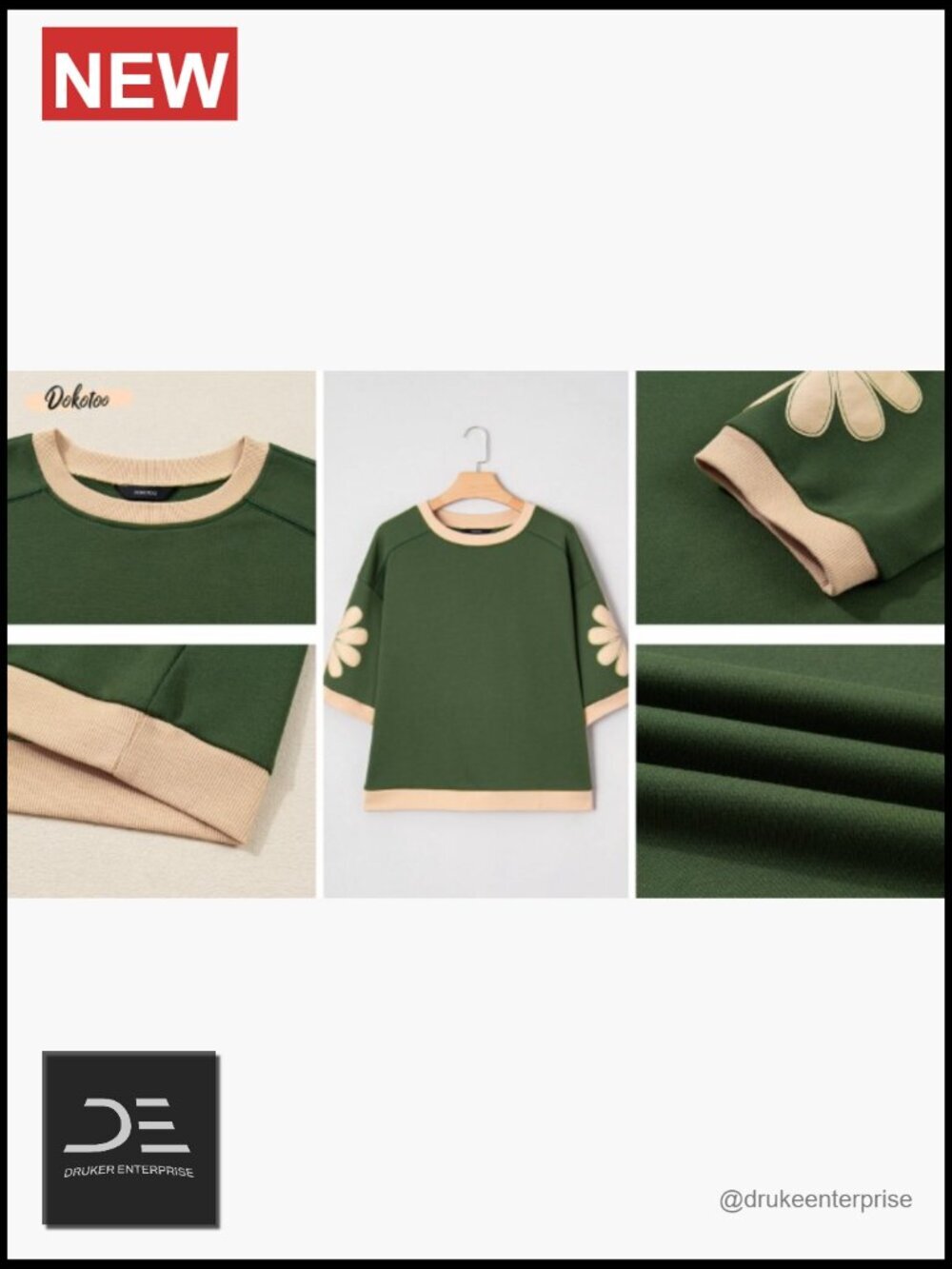 Oversized 3/4 Sleeve Floral Patch Crewneck Pullover Sweatshirt - Picture 7 of 7